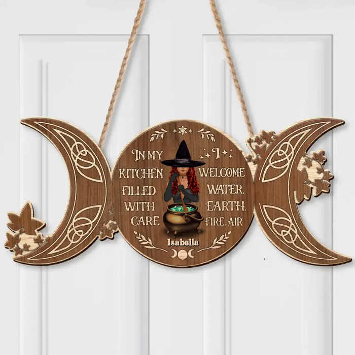 Personalized Witch Wooden Sign - In My Kitchen Filled With Care I Welcome Water, Earth, Fire, Air - Gift Idea For Halloween/ Pagan Decor