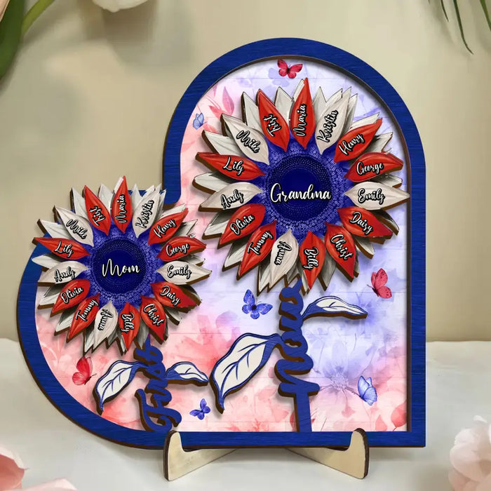 Personalized First Mom Now Grandma Sunflower 2 Layered Wooden Art - Up to 15 Kids And 15 Grandkids - 4th Of July Gift Idea For Grandma/Mom