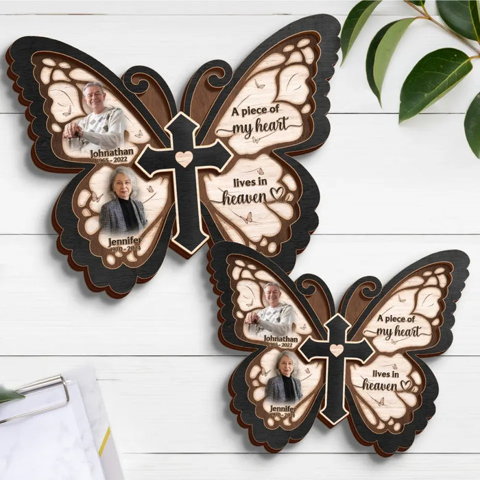 Personalized Butterfly 2 Layered Wooden Art - Upload Up to 5 People - Memorial Gift Idea For Family Member - Pieces Of My Heart Live In Heaven