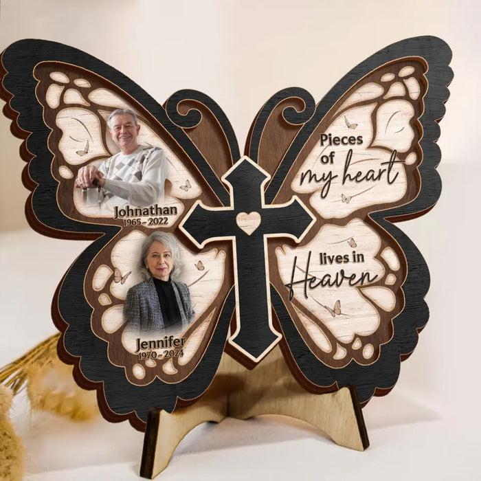 Personalized Butterfly 2 Layered Wooden Art - Upload Up to 5 People - Memorial Gift Idea For Family Member - Pieces Of My Heart Live In Heaven