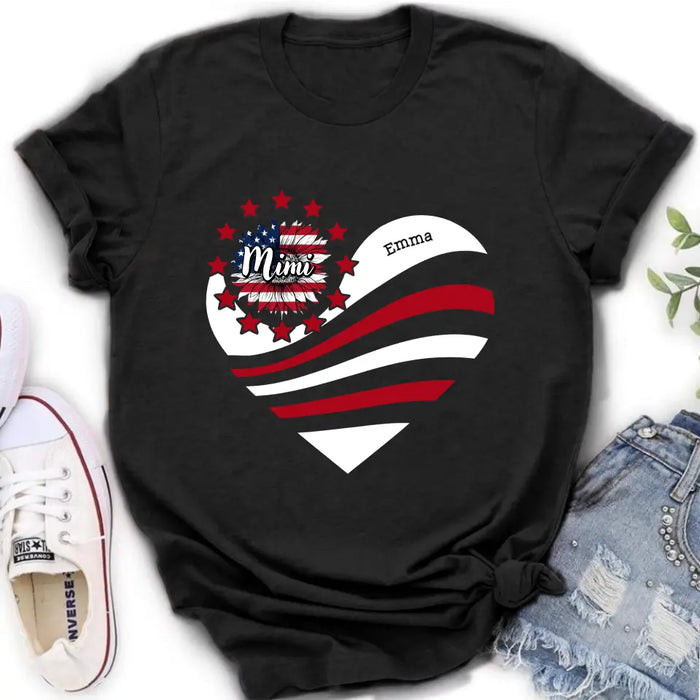 Personalized Grandma With Grandkids Sunflower American Flag T-Shirt/Hoodie - Up to 10 Kids - Gift Idea For Grandma/Mom/Independence Day/4th Of July