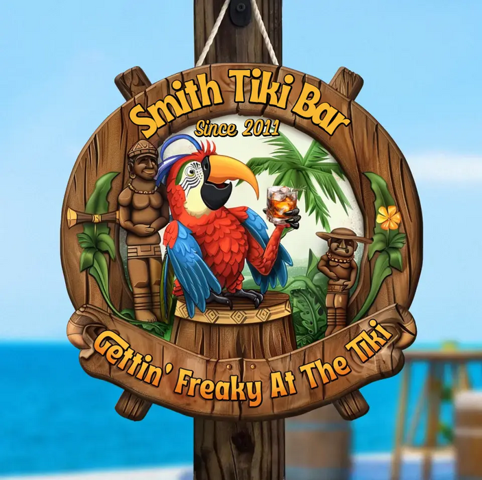 Personalized Tiki Bar Wooden Sign - Gift Idea For Summer/Family - Custom Family Name - Gettin' Freaky At The Tiki