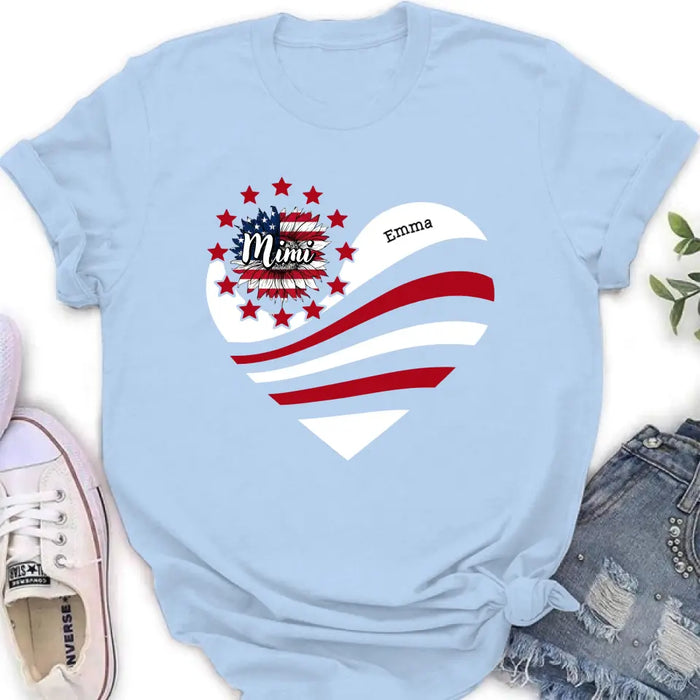 Personalized Grandma With Grandkids Sunflower American Flag T-Shirt/Hoodie - Up to 10 Kids - Gift Idea For Grandma/Mom/Independence Day/4th Of July