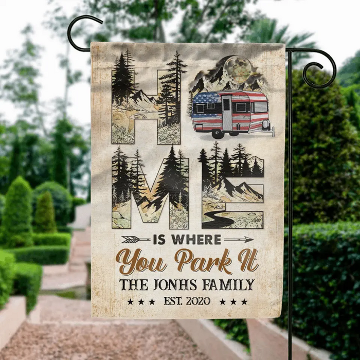 Personalized Camping Flag Sign - Gift Idea For Family/Camping Lover - Home Is Where You Park It