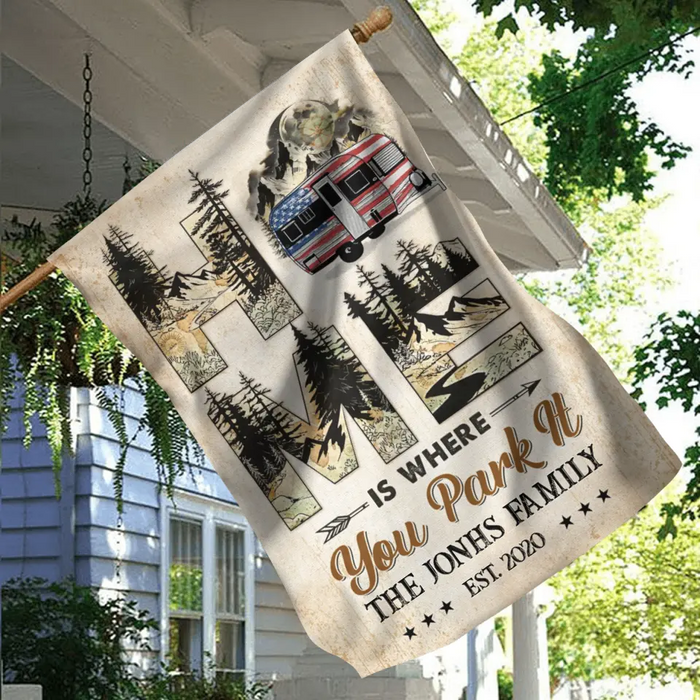 Personalized Camping Flag Sign - Gift Idea For Family/Camping Lover - Home Is Where You Park It