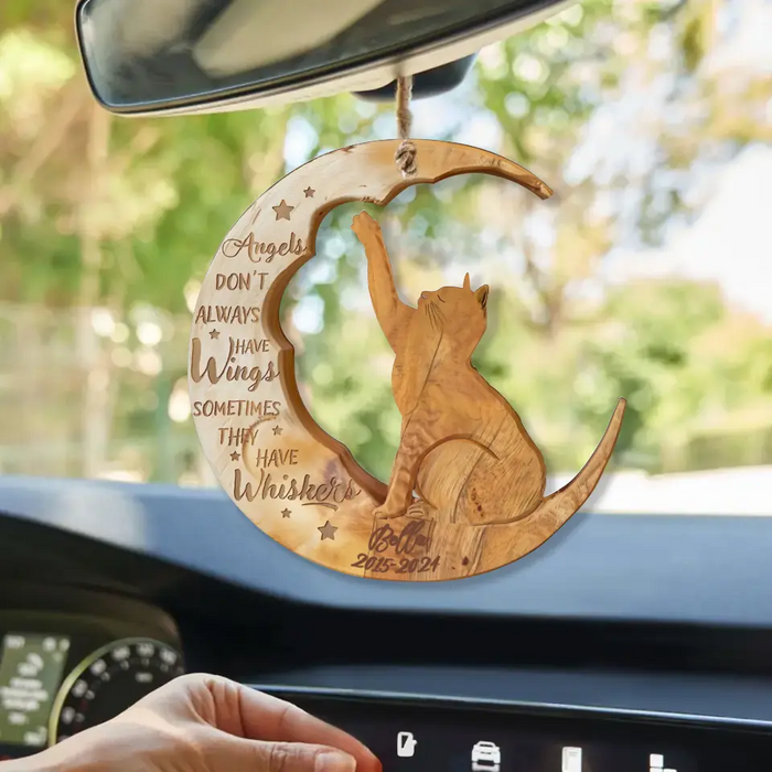 Personalized Cat Moon Wooden Ornament - Memorial Gift Idea for Cat Lover - Angels Don't Always Have Wings Sometimes They Have Whiskers