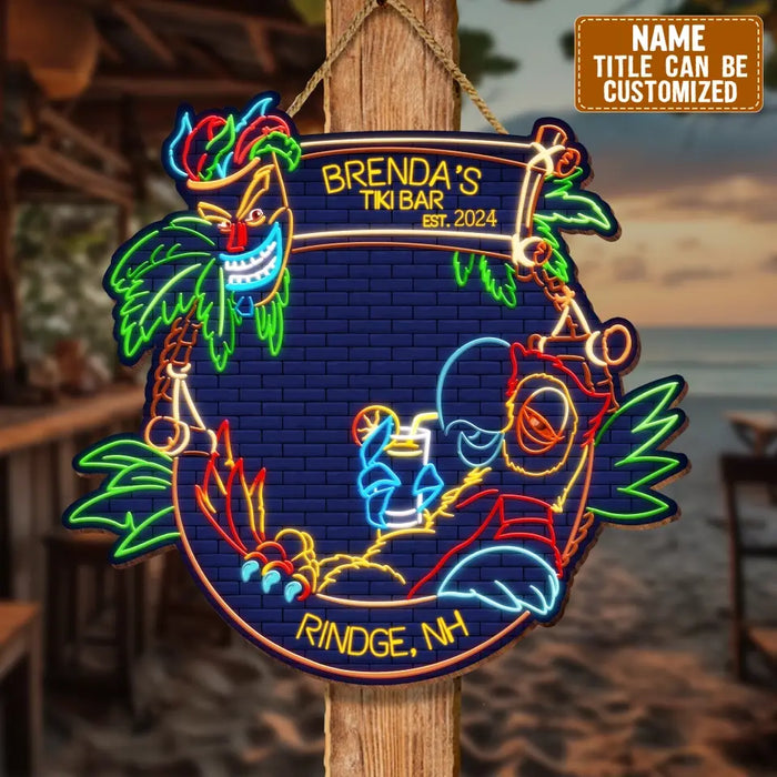 Personalized Neon Style Tiki Bar Wooden Sign - Gift Idea For Summer/Family