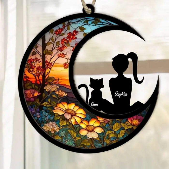 Personalized Girl With Dog Cat Hanging Suncatcher Ornament - Up to 3 Pets - Gift Idea for Pet Owners