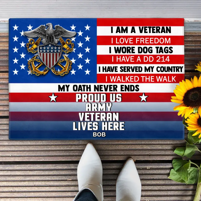 Personalized Military Doormat - Gift Idea For Veteran - I Am A Veteran I Love Freedom Proud Us Army Veteran Lives Here