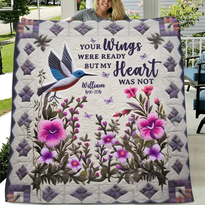 Personalized Hummingbird Memorial Fleece Throw Blanket/Quilt - Memorial Gift Idea For Family Member/Dad/Mom - Your Wings Were Ready But My Heart Was Not