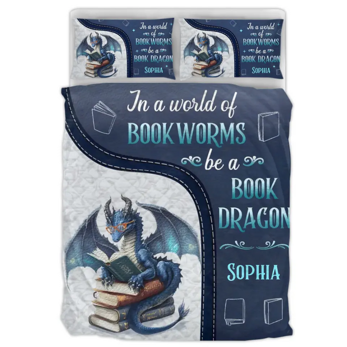 Personalized Book Dragon Quilt Bed Sets - Gift Idea For Book Lover - In A World Of Book Worms Be A Book Dragon