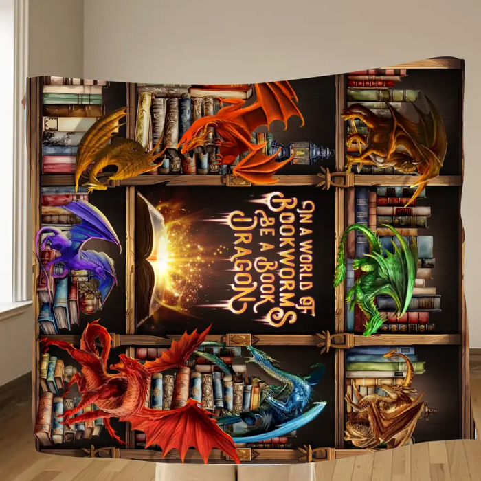 Personalized Reading Girl Quilt/Fleece Throw Blanket - Gift Idea For Book Lover - In A World Of Bookworms Be A Book Dragon
