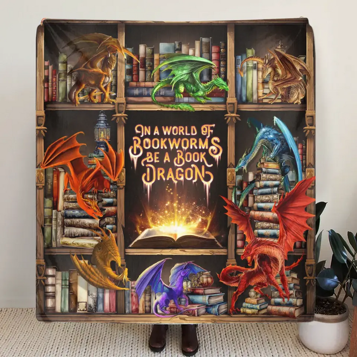 Personalized Reading Girl Quilt/Fleece Throw Blanket - Gift Idea For Book Lover - In A World Of Bookworms Be A Book Dragon
