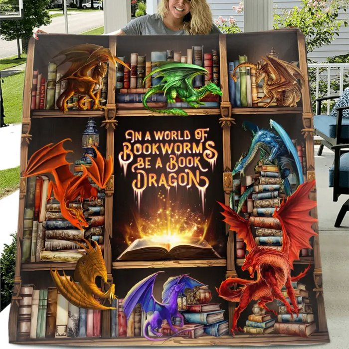 Personalized Reading Girl Quilt/Fleece Throw Blanket - Gift Idea For Book Lover - In A World Of Bookworms Be A Book Dragon