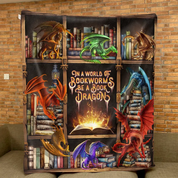 Personalized Reading Girl Quilt/Fleece Throw Blanket - Gift Idea For Book Lover - In A World Of Bookworms Be A Book Dragon
