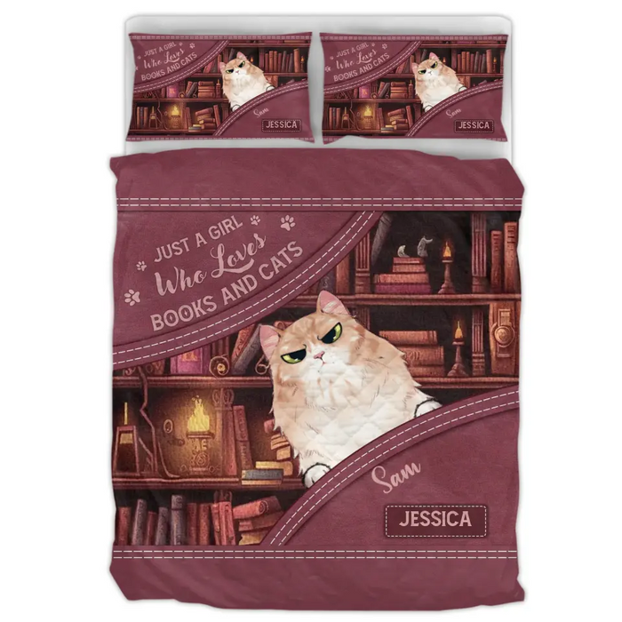 Personalized Books And Cats Quilt Bed Sets - Gift Idea For Book/Cat Lover - Just A Girl Who Loves Books And Cats