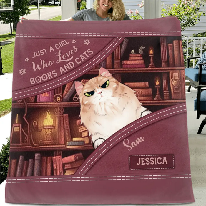 Personalized Books And Cats Quilt/Fleece Throw Blanket - Gift Idea For Book Lover - Just A Girl Who Loves Books And Cats