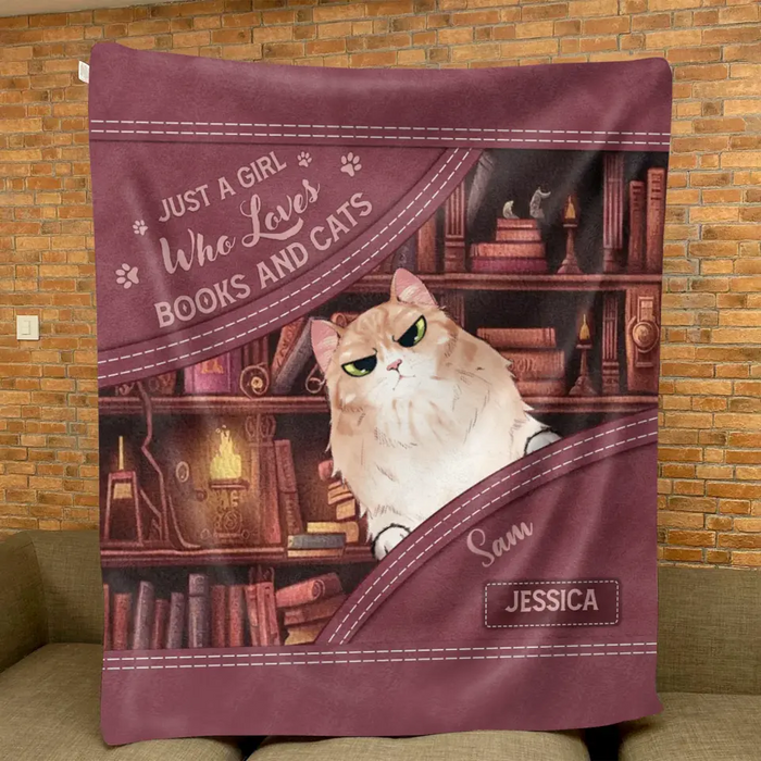 Personalized Books And Cats Quilt/Fleece Throw Blanket - Gift Idea For Book Lover - Just A Girl Who Loves Books And Cats