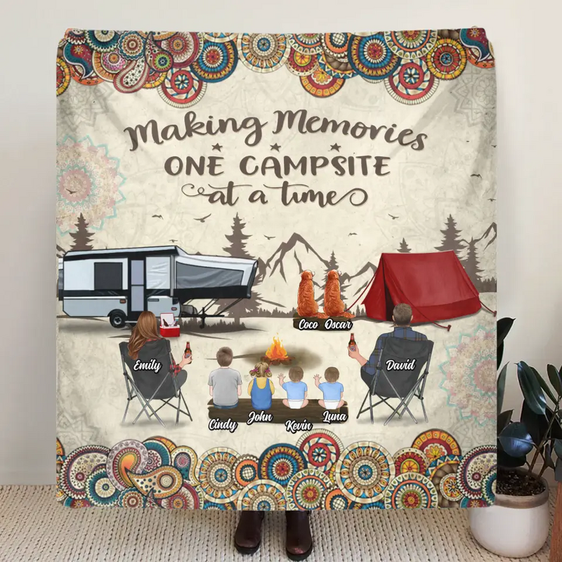 Personalized Floral Retro Vintage Camping Quilt/Fleece Throw Blanket - Gift Idea For Family/Camping Lover - Parents/Single Parent With Up to 4 Kids, 4 Pets - Making Memories One Campsite At A Time