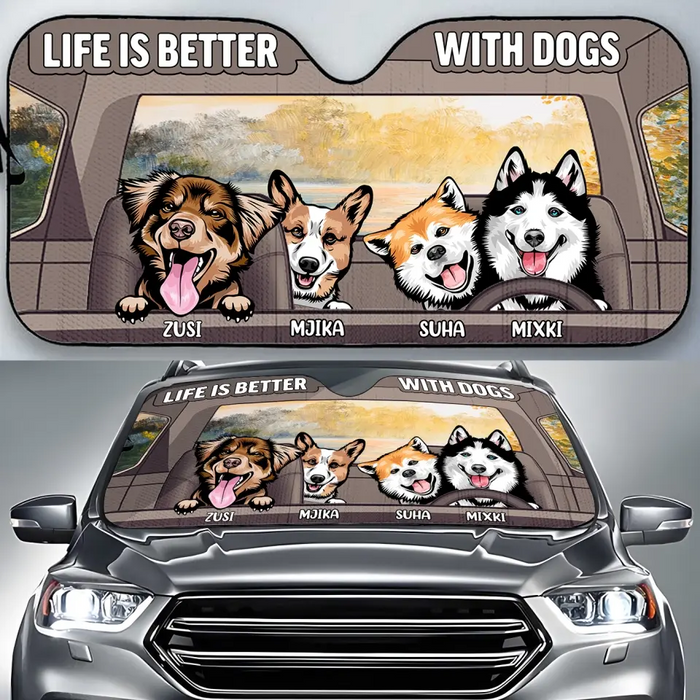 Personalized Dog Car Sunshade - Up to 4 Dogs - Gift Idea For Dog Lover - Life Is Better With Dogs