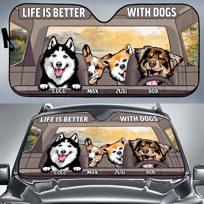 Personalized Dog Car Sunshade - Up to 4 Dogs - Gift Idea For Dog Lover - Life Is Better With Dogs