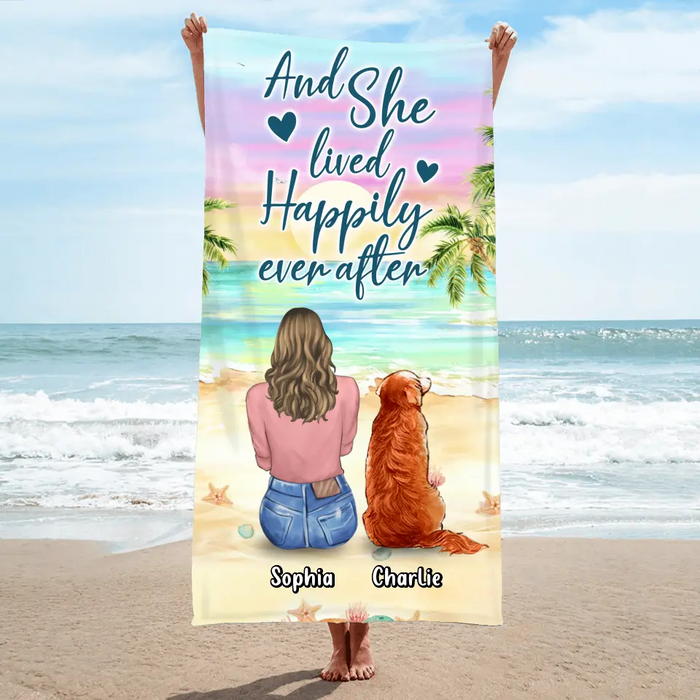 Personalized Pet Mom/Dad Beach Towel - Gift Idea For Dog/Cat/Rabbit Lover - Up to 4 Pets - And She Lived Happily Ever After