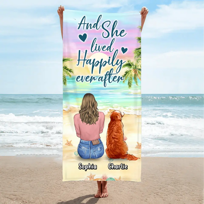 Personalized Pet Mom/Dad Beach Towel - Gift Idea For Dog/Cat/Rabbit Lover - Up to 4 Pets - And She Lived Happily Ever After