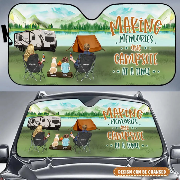 Personalized Camping Windshield Sunshade - Couple/Parents With Kids And Pets - Gift Idea For Camping Lovers - Making Memories One Campsite At A Time