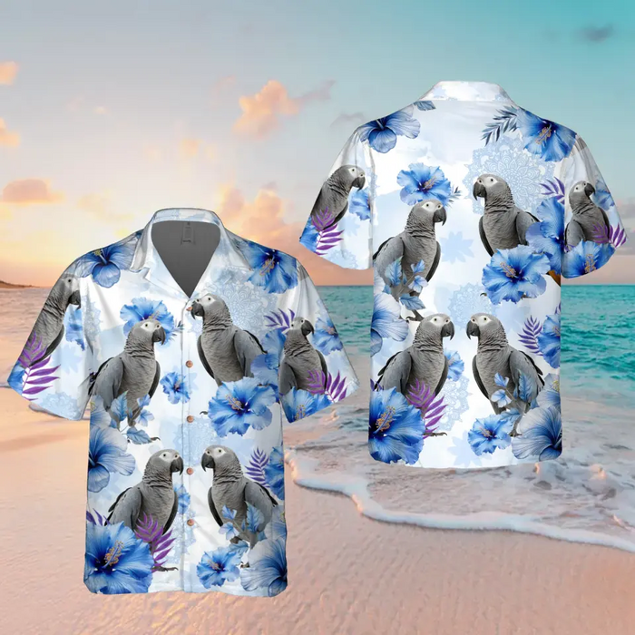 Personalized Blue Flower Parrot Hawaiian Shirt - Upload Parrot Photo - Summer Gift Idea