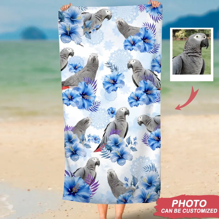 Personalized Blue Flower Parrot Beach Towel - Upload Parrot Photo - Summer Gift Idea