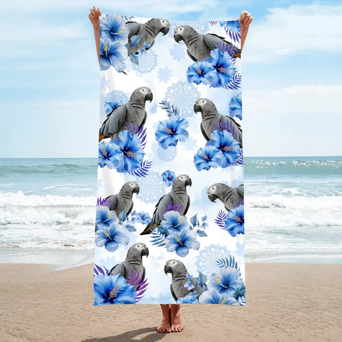 Personalized Blue Flower Parrot Beach Towel - Upload Parrot Photo - Summer Gift Idea