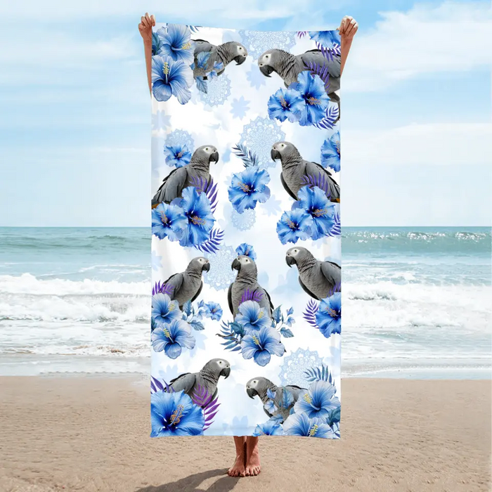 Personalized Blue Flower Parrot Beach Towel - Upload Parrot Photo - Summer Gift Idea