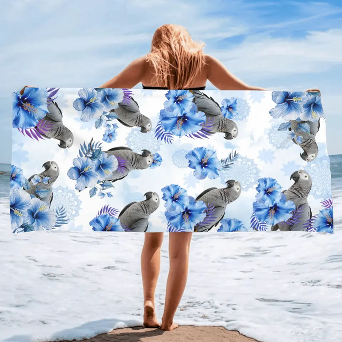 Personalized Blue Flower Parrot Beach Towel - Upload Parrot Photo - Summer Gift Idea