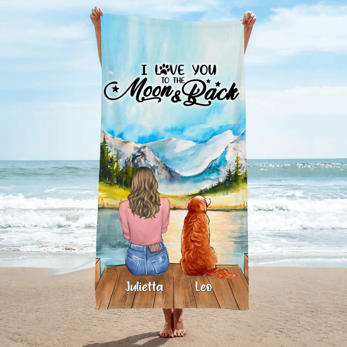 Personalized Dog Mom/Dog Dad Beach Towel - Gift Idea For Dog Lover with up to 6 Dogs - I Love You To The Moon & Back