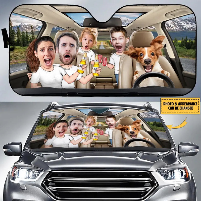 Personalized Photo Dog Driving Family Together Auto Windshield Sunshade - Couple With Kids And Dog- Gift Idea For Family/Couple/ Dog Lover