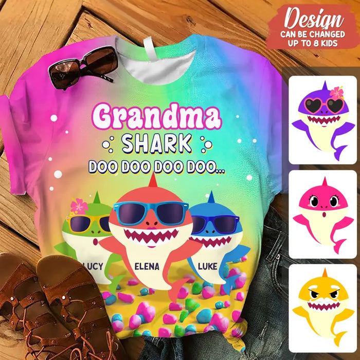 Personalized Grandma Shark Doo Doo Doo AOP T-shirt - Gift Idea For Grandma/Mother - Up to 10 Kids