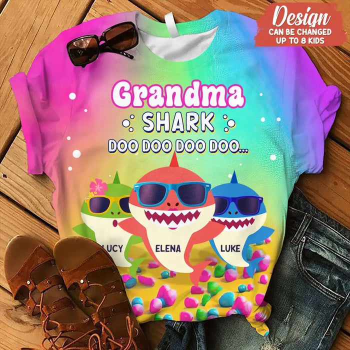 Personalized Grandma Shark Doo Doo Doo AOP T-shirt - Gift Idea For Grandma/Mother - Up to 10 Kids