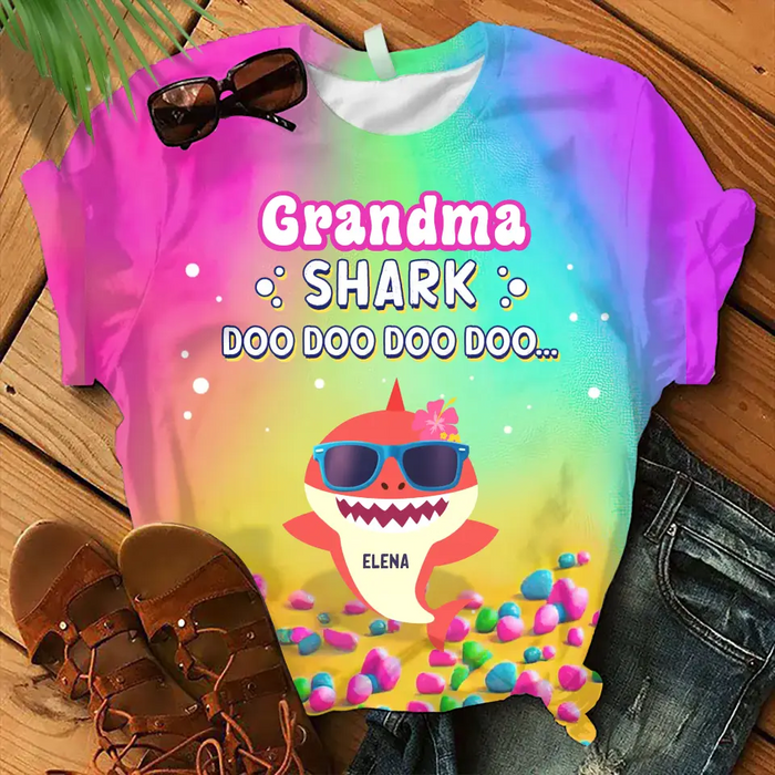 Personalized Grandma Shark Doo Doo Doo AOP T-shirt - Gift Idea For Grandma/Mother - Up to 10 Kids