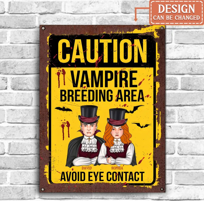 Personalized Vampire Metal sign - Funny Gift Idea For Couple/Family - Up to 2 Kids - Caution Vampire Breeding Area Avoid Eye Contact