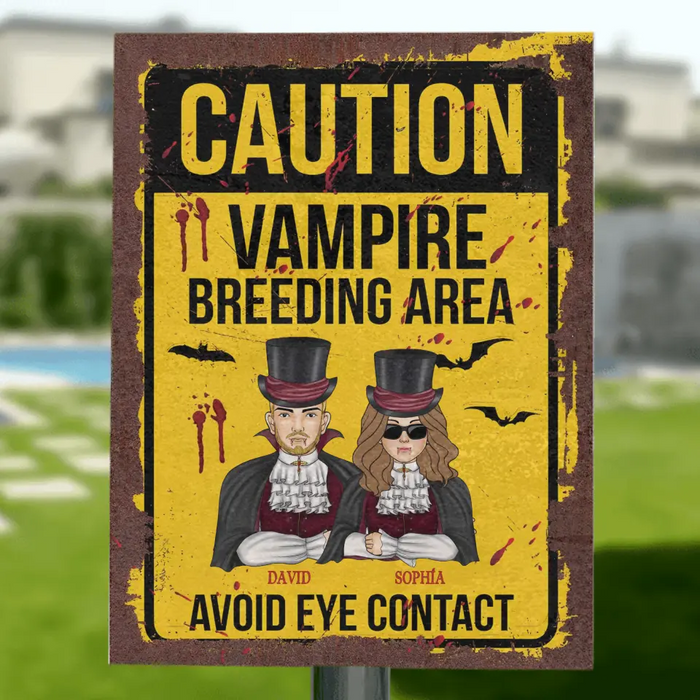 Personalized Vampire Metal sign - Funny Gift Idea For Couple/Family - Up to 2 Kids - Caution Vampire Breeding Area Avoid Eye Contact