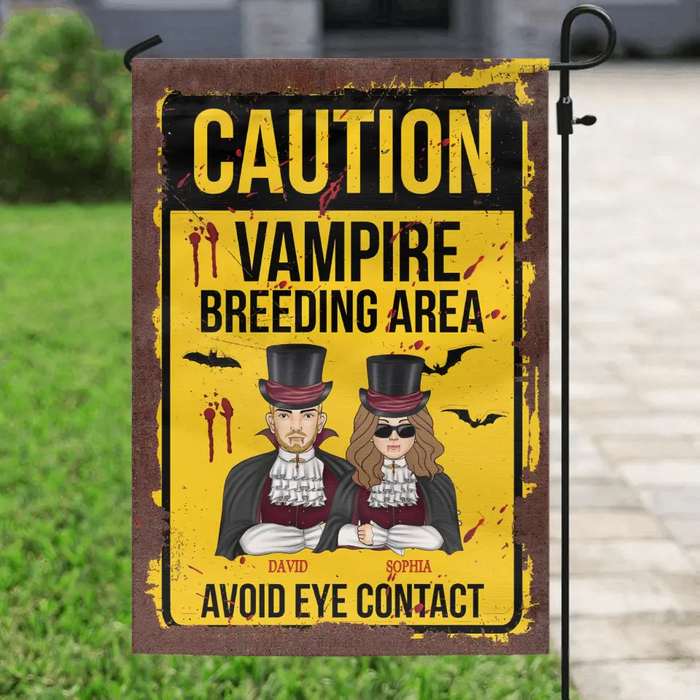 Personalized Vampire Flag sign - Funny Gift Idea For Couple/Family - Up to 2 Kids - Caution Vampire Breeding Area Avoid Eye Contact