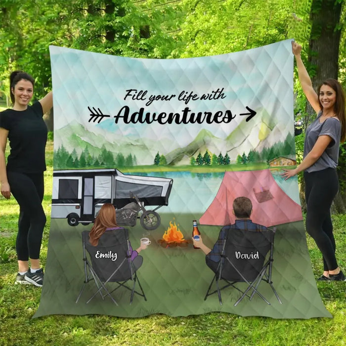 Personalized Camping Quilt/Fleece Blanket - Couple/Parents With Up to 5 Kids And 4 Pets - Gift Idea For Camping Lover - Fill Your Life With Adventures