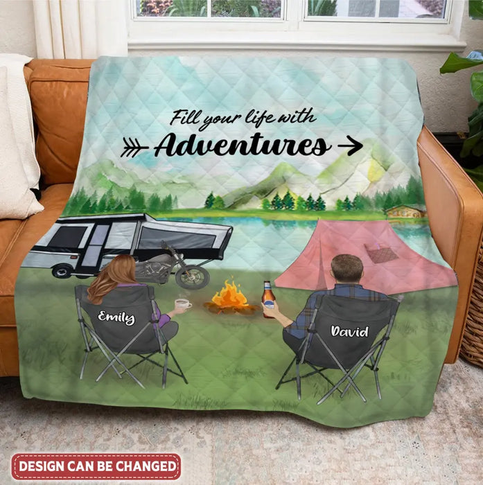 Personalized Camping Quilt/Fleece Blanket - Couple/Parents With Up to 5 Kids And 4 Pets - Gift Idea For Camping Lover - Fill Your Life With Adventures