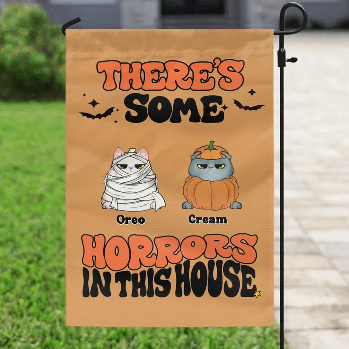 Personalized Halloween Pets Flag Sign - Gift Idea For Family/Pet Lover - Up to 7 Dogs/Cats - There's Some Horrors In This House