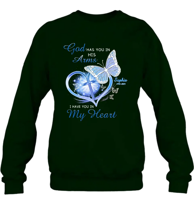 Personalized Memorial T-shirt/Long Sleeve/Sweatshirt/Hoodie - Memorial Gift Idea - God Has You In His Arms I Have You in My Heart