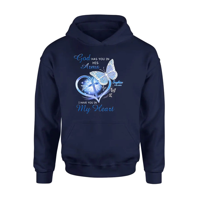 Personalized Memorial T-shirt/Long Sleeve/Sweatshirt/Hoodie - Memorial Gift Idea - God Has You In His Arms I Have You in My Heart