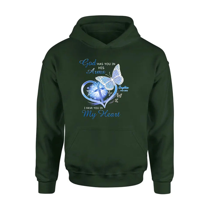 Personalized Memorial T-shirt/Long Sleeve/Sweatshirt/Hoodie - Memorial Gift Idea - God Has You In His Arms I Have You in My Heart