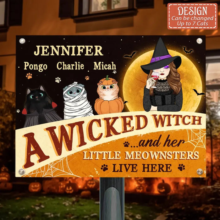 Personalized Halloween Witch Cat Metal Sign - Gift Idea For Family/Pet Lover - Up to 7 Cats - A Wicked Witch And Her Little Meownsters Live Here
