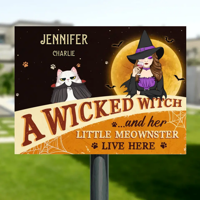 Personalized Halloween Witch Cat Metal Sign - Gift Idea For Family/Pet Lover - Up to 7 Cats - A Wicked Witch And Her Little Meownsters Live Here