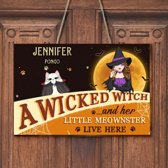 Personalized Halloween Witch Cat Wooden Sign - Gift Idea For Family/Pet Lover - Up to 7 Cats - A Wicked Witch And Her Little Meownsters Live Here